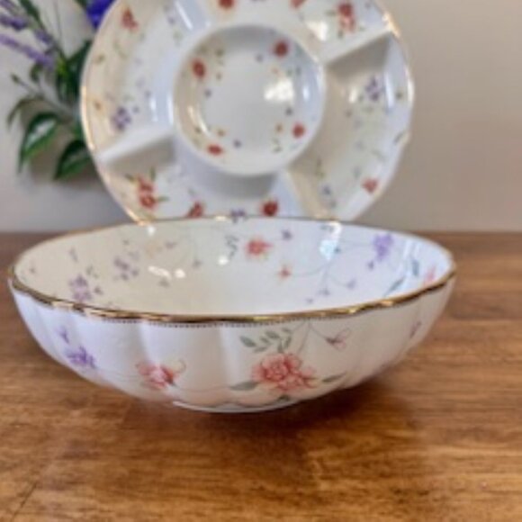Lefard England Vintage Floral Divided Dish and Matching Serving Bowl – Gold Trim - Picture 4 of 10
